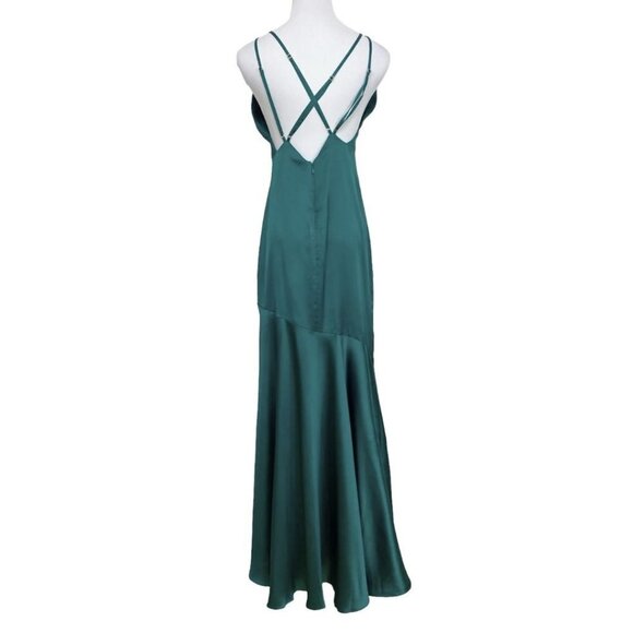 MARCIANO GREEN SATIN SLEEVELESS RUFFLE HIGH LOW EVENING FORMAL GOWN DRESS - 2 - Picture 3 of 11